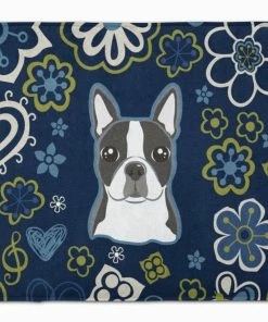 Caroline's Treasures 19 In X 27 In Blue Flowers Boston Terrier Machine Washable Memory Foam Mat